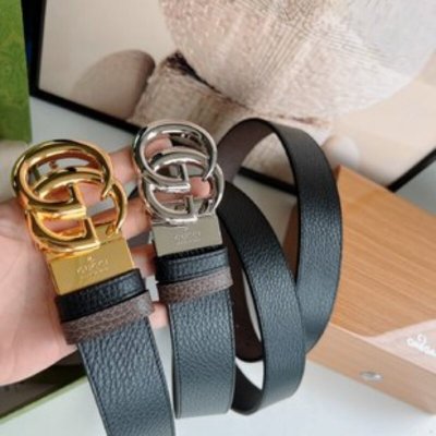 Gucci古驰 3.5cm全皮黑色咖啡双G金扣/银扣腰带