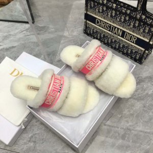 2023-Dior/迪奥 白色刺绣条纹logo加绒毛里一字平底拖鞋秋冬新款羊毛拖鞋