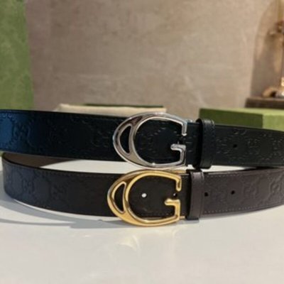Gucci古驰 头层牛皮压纹纹理G字金属夹扣男士35mm腰带