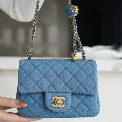 CHANEL 22c 丹宁牛仔金属球方胖子CF AS1786